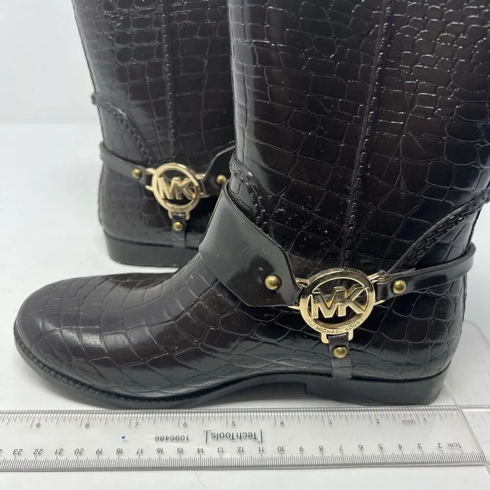 Michael Kors Rain Booties Dark Brown Croc Embossed Equestrian Rubber Rainboot S7